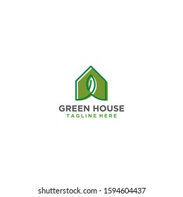 Green house with leaf vector logo design concept.