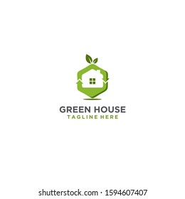 Green house with leaf vector logo design concept.