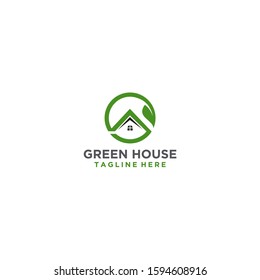 Green house with leaf vector logo design concept.