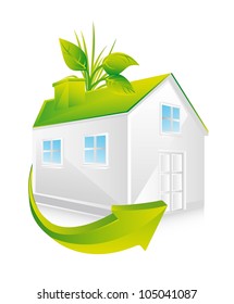 Green house with leaves and arrow. vector illustration