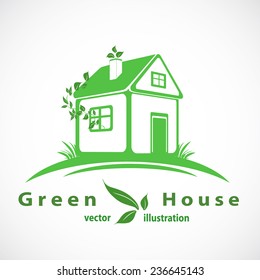  Green house with leaves logo. Eco home. eps10 vector