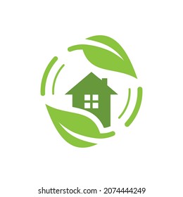Casa verde con ícono del logo del vector de hojas. Símbolo del hogar ecológico.