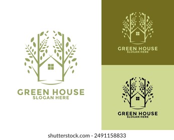 Green House Line Style Logo Design Vector, Tree House business logo vector template