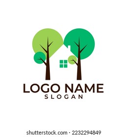 Green House logo. House between trees logo template. Green residence logotype.