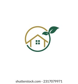  green house logo  house care  simple linear house with leaf logo concept  garden logo vector  shady house icon  housing vector illustration