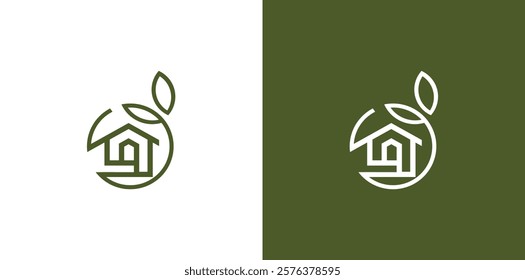 green house logo, house care, simple linear house with leaf logo concept
