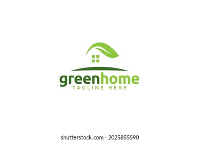 logotipo de casa verde con una combinación de casa y hoja para cualquier negocio, especialmente para eco house, inmobiliario, inmueble, agencia, etc.