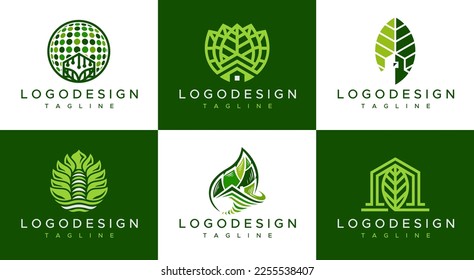 Green house logo design bundle. Set of leaf home logo branding vector.