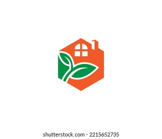 Green House Logo Design With Leaf Environment Element Vector Template.