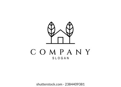 Green house logo design with leaf tree in line art style