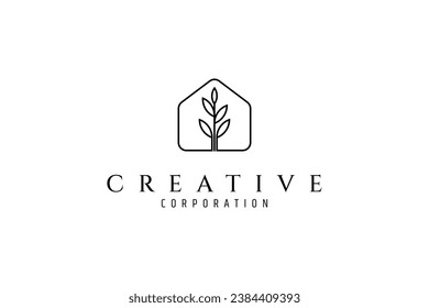 Green house logo design with plants in minimalist line style