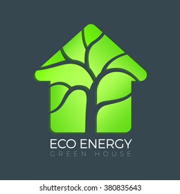 Green House logo design template. House with tree logotype creative concept. Eco energy logo.