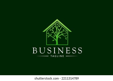 green house logo with growing tree in simple flat design style