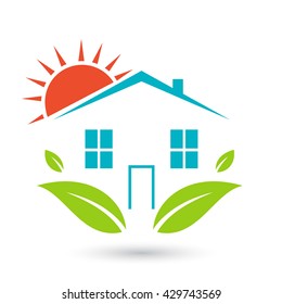 Green house logo. Happy family icon, eco lover.