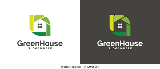 Green House Logo, home and leaf combination, design vector illustration