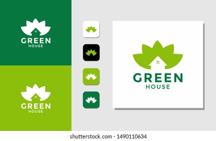 green house logo, icon, Concept Icon House + Symbol Green Leaf. Green House logo Design vector, Nature House Logo, Green home logo design template
