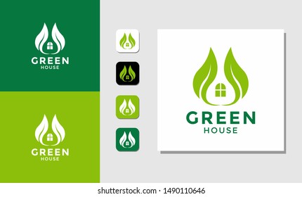 green house logo, icon, Concept Icon House + Symbol Green Leaf. Green House logo Design vector, Nature House Logo, Green home logo design template