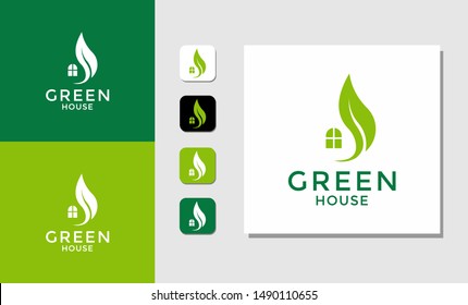 green house logo, icon, Concept Icon House + Symbol Green Leaf. Green House logo Design vector, Nature House Logo, Green home logo design template