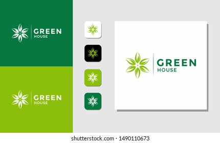 green house logo, icon, Concept Icon House + Symbol Green Leaf. Green House logo Design vector, Nature House Logo, Green home logo design template