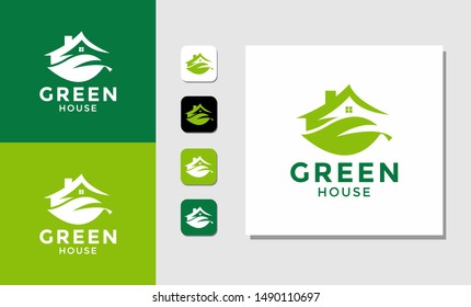 green house logo, icon, Concept Icon House + Symbol Green Leaf. Green House logo Design vector, Nature House Logo, Green home logo design template