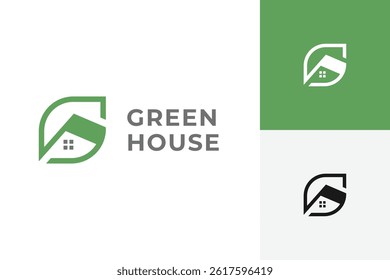 Green house logo icon design with line leaf vector illustration graphic symbol for Eco friendly home logo template
