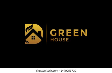 green house logo, icon, gold color, Concept Icon House + Symbol Green Leaf. Green House logo Design vector, Nature House Logo, Green home logo design template
