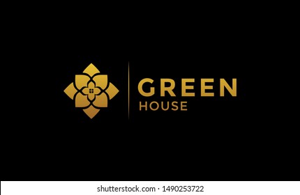 green house logo, icon, gold color, Concept Icon House + Symbol Green Leaf. Green House logo Design vector, Nature House Logo, Green home logo design template