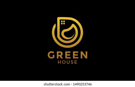green house logo, icon, gold color, Concept Icon House + Symbol Green Leaf. Green House logo Design vector, Nature House Logo, Green home logo design template