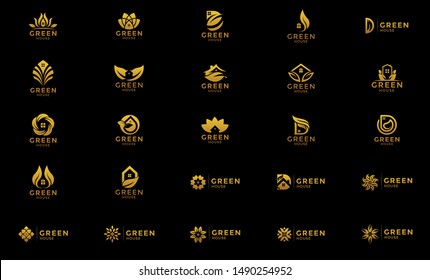 green house logo, icon, gold color, Concept Icon House + Symbol Green Leaf. Green House logo Design vector, Nature House Logo, Green home logo design template