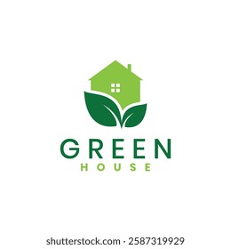 Green house logo icon with leaf 