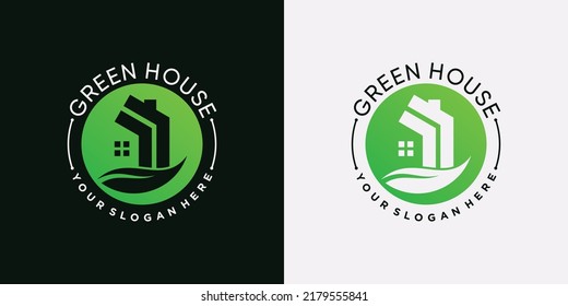 Green house logo icon with negative space concept and leaf element