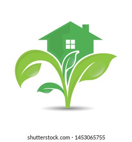 Green house  Logo of green leaf and house on the top. Ecology nature element vector icon