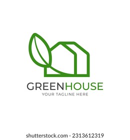 Green house logo. Green house with leaf outline style logo vector design