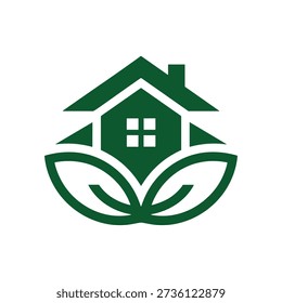 A green house logo with a leafy circular design, featuring a house with a chimney and window, surrounded by curved leaves, in a simple and modern style