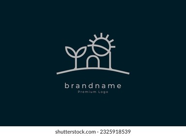 Green house Logo, minimalist house with leaf and sun in line art logo style, vector illustration