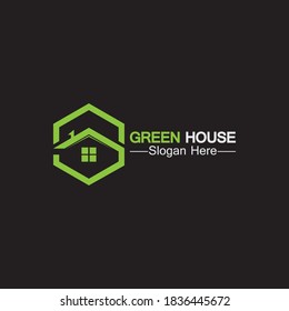 Green house logo. Real estate logo idea concept for eco home isolated on black background.