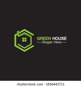 Green house logo. Real estate logo idea concept for eco home isolated on black background.