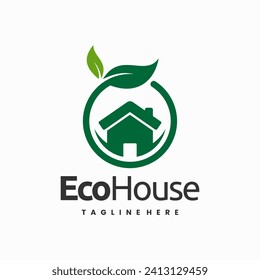 logo de la casa verde, logotipo renovable con formas de hoja de círculo de la casa y verde concepto combinado