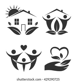 Green house logo set. Happy family icon, eco lover.