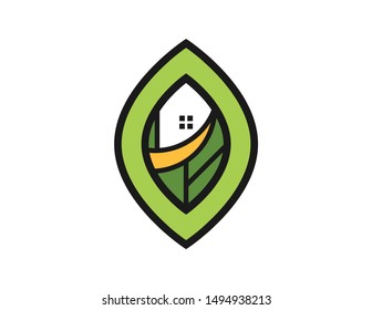 Green house logo symbol design vector. Simple line art green house logo template. House logo with leaf shape design