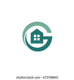 Green House Logo Template. Letter G with House Shape Inside