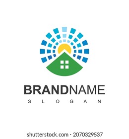 Green House Logo Template With Solar Symbol