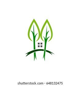 Green House Logo Template. Tree with House Shape