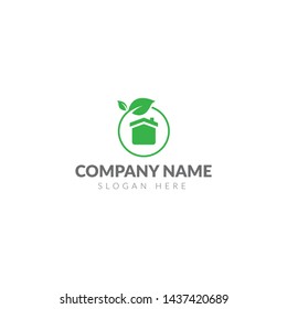Green house logo template vector design with home and leaf green color