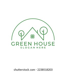 Green House Logo, House and Tree Design with Simple Line Art Style Vector Template