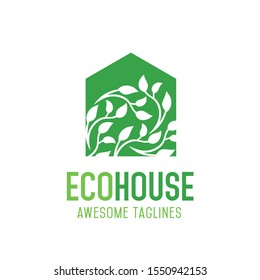Green house logo vector concept, simple leaf and house vector illustration 
