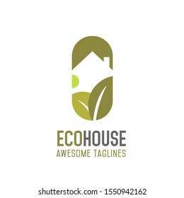 Green house logo vector concept, simple leaf and house vector illustration 
