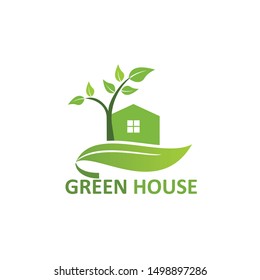 green house logo vector green home stock vector with leaf and tree