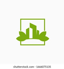 Green house logo vector with leaves. Home sign concept .
