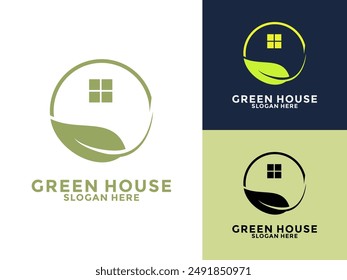 Plantilla de Vector con logotipo de la casa verde, círculo, hoja con diseño del logotipo del hogar